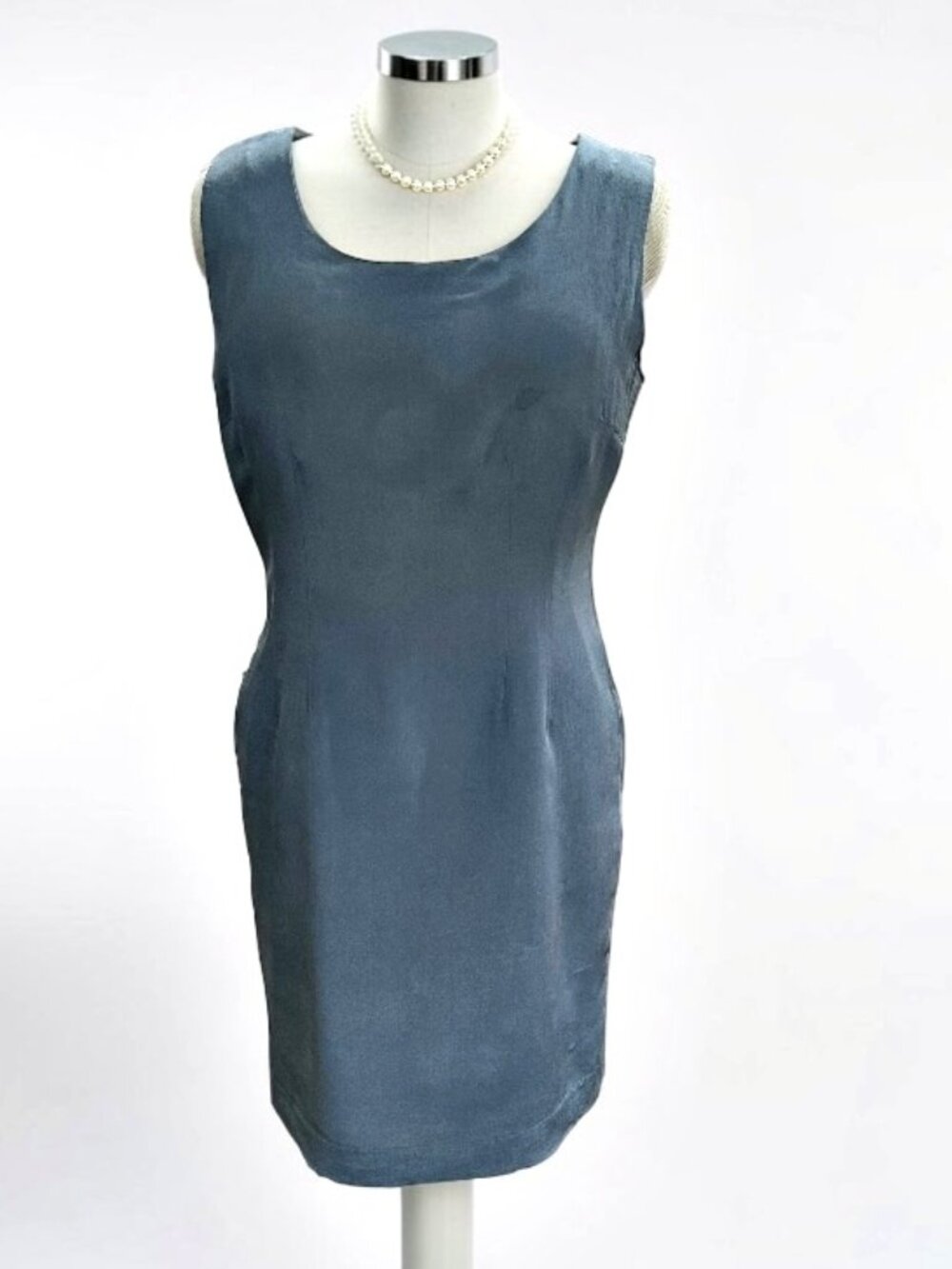 VTG Hugo Buscati Milano 100% Silk Sheath Dress 14 Steel Blue Lined Knee Length